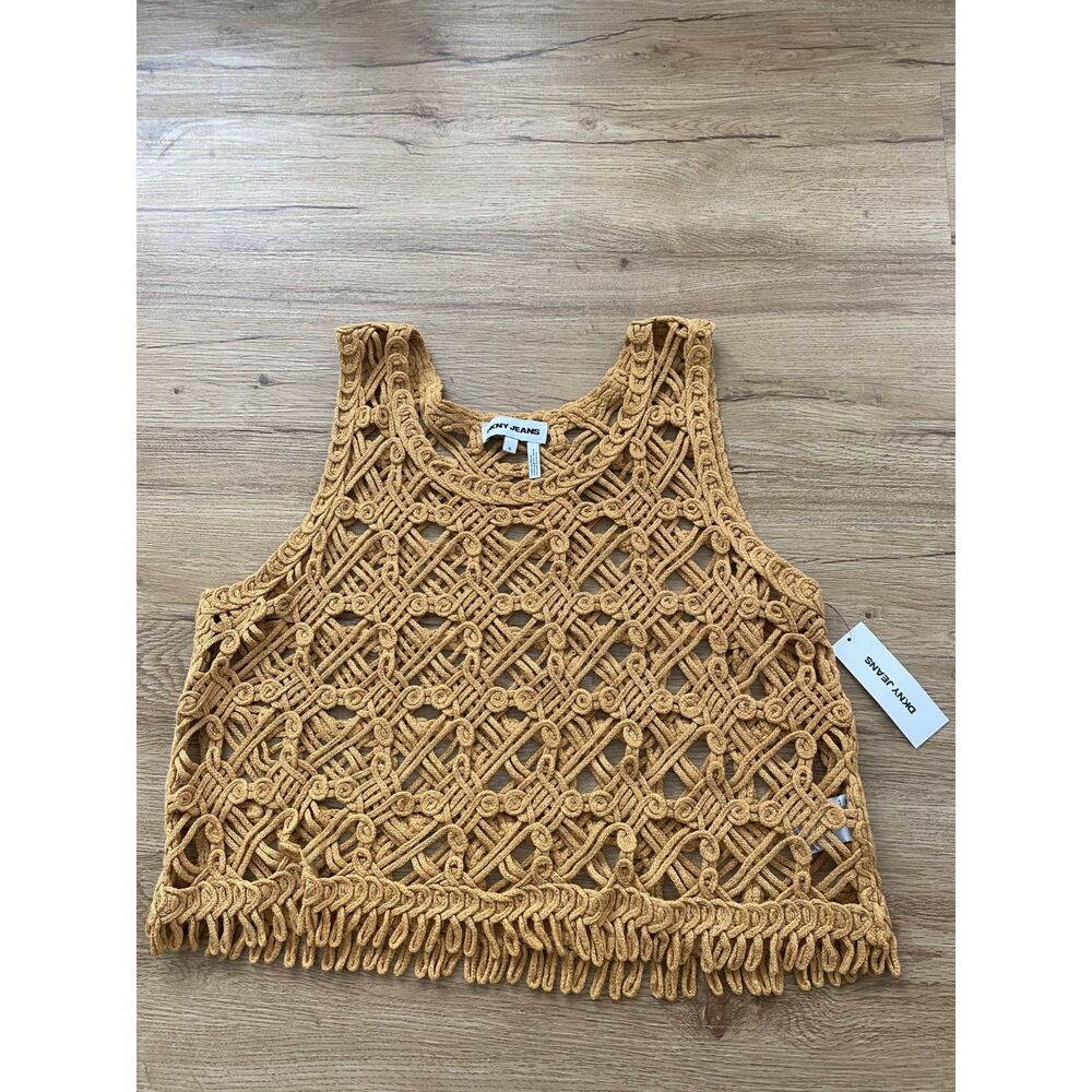 DKNY Jeans Camel Tan Macrame Crochet Knit Fringe Hem Tank Top Size XL NWT